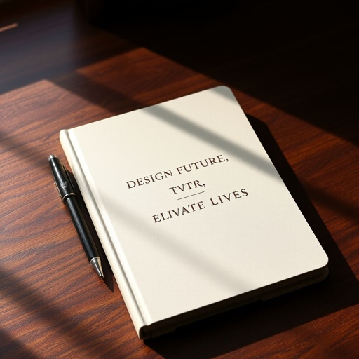 A minimalist hardcover journal, soft matte texture, resting on a rich, dark wooden desk. Beside it, a sleek pen, showing the same embossed Catalystia logo. The journal's cover features elegant serif typography proclaiming 'Design Future, Elevate Lives.' Warm, natural light casts gentle shadows, highlighting the calming atmosphere of creativity.