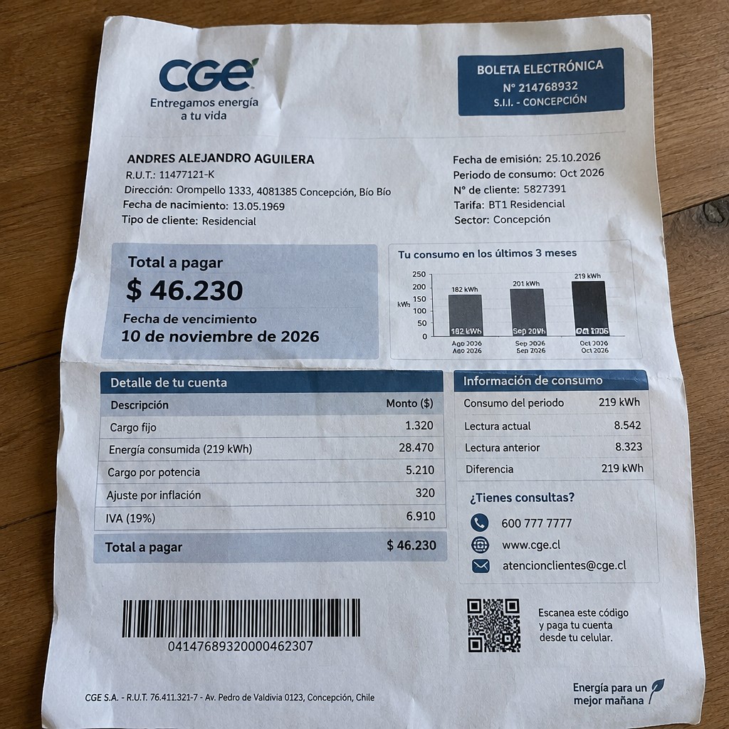 Create a statement, an electricity bill in CHILE. The A4 statement should be realistic, as if it were photographed on a phone. The document should be on a white background. The document must be for the last 3 months of October 2026. The document should contain several transactions and be wrinkled at the edges.
Name ANDRES ALEJANDRO AGUILERA
Address Orompello 1333, 4081385 Concepción, Bío Bío
R.U.T. 11477121-K
Date of birth 13.05.1969
Date of discharge 25.10.2026 (OCTOBER 2026)