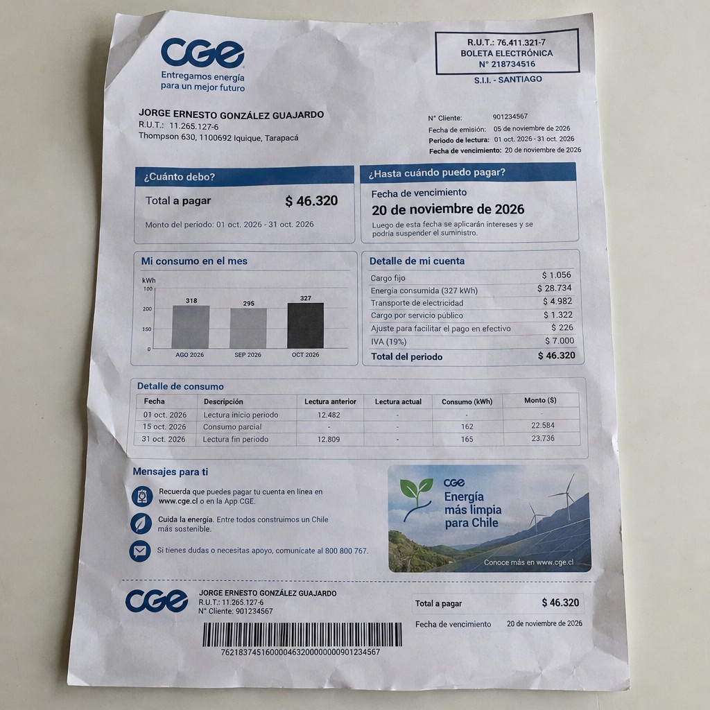 Create a statement, an electricity bill in CHILE. The A4 statement should be realistic, as if it were photographed on a phone. The document should be on a white background. The document must be for the last 3 months of October 2026. The document should contain several transactions and be wrinkled at the edges.
Name JORGE ERNESTO GONZÁLEZ GUAJARDO
Address Thompson 630, 1100692 Iquique, Tarapacá
R.U.T. 11265127-6
Date of birth 09.11.1968