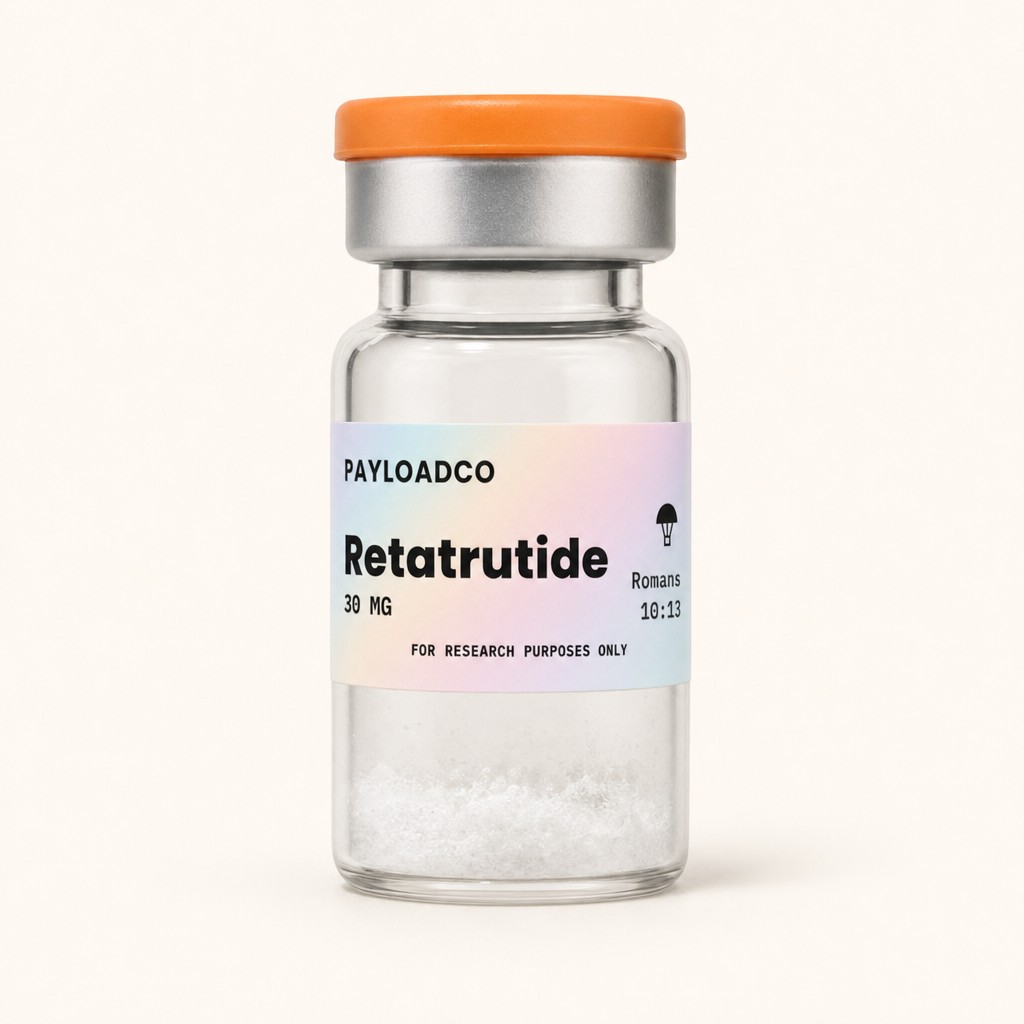 Photorealistic studio product photo of a small 3mL glass pharmaceutical vial with a clear glass body. The neck has a silver aluminum crimp cap band, topped with an amber-orange (hex D6810C) flip-off plastic disc cap. A rubber stopper sits fully seated and hidden beneath the crimp cap — no rubber visible sticking out above or around the metal. Only a small amount of loose white lyophilized powder dusting the bottom of the vial — the vial should look mostly empty, not filled or packed. Use my uploaded label image exactly as provided, pixel-for-pixel — do not regenerate, redesign, or reword any part of it. Vial centered, shot straight-on, soft even studio lighting, subtle soft shadow beneath, plain flat warm off-white background (hex FBF8F1), no border, no frame, no card, no rounded corner mat, no vignette — the vial floats on a plain background with no outline around the photo. Minimal reflections, sharp focus on the label. No other objects, no hands, no props.