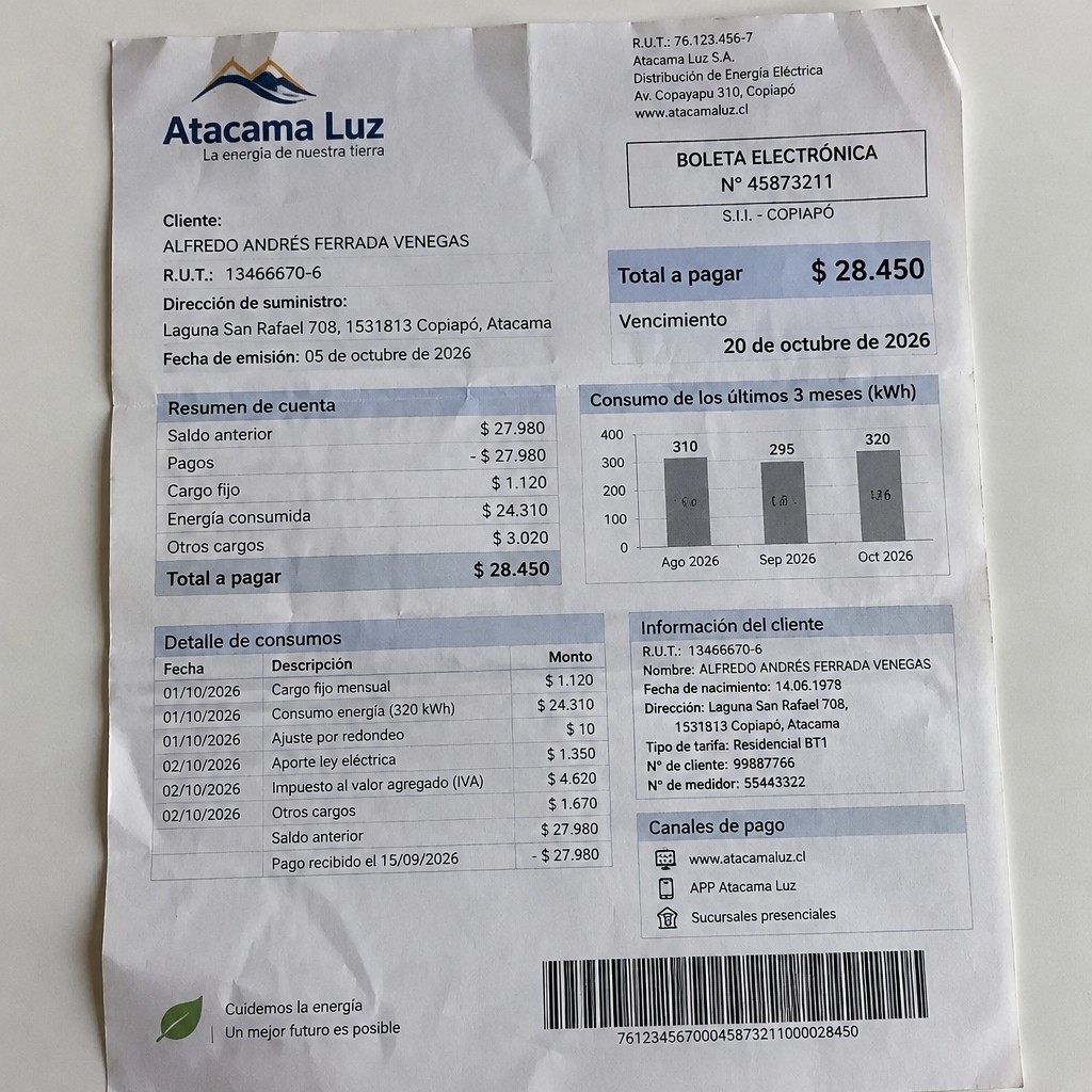 Create a statement, an electricity bill in CHILE. The A4 statement should be realistic, as if it were photographed on a phone. The document should be on a white background. The document must be for the last 3 months of October 2026. The document should contain several transactions and be wrinkled at the edges.
Name ALFREDO ANDRÉS FERRADA VENEGAS
Address Laguna San Rafael 708, 1531813 Copiapó, Atacama
R.U.T. 13466670-6
Date of birth 14.06.1978