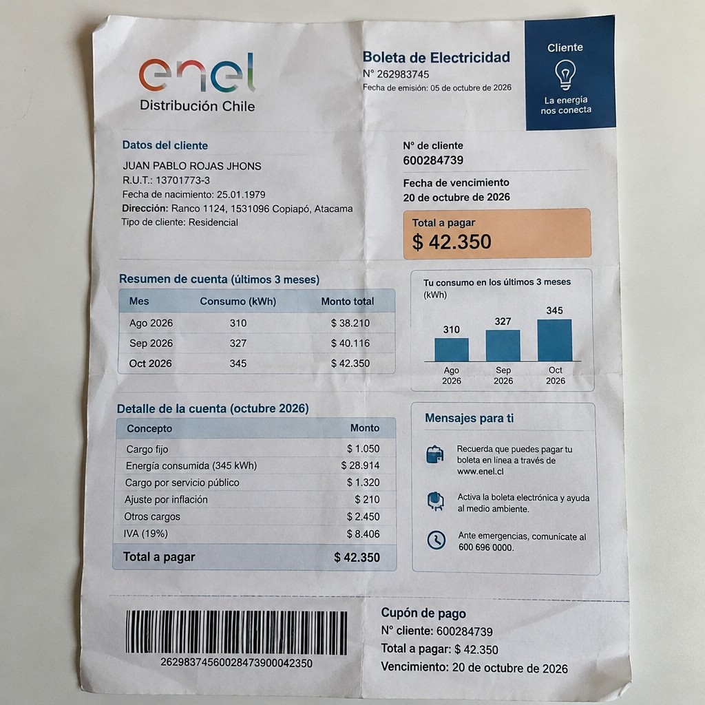 Create a statement, an electricity bill in CHILE. The A4 statement should be realistic, as if it were photographed on a phone. The document should be on a white background. The document must be for the last 3 months of October 2026. The document should contain several transactions and be wrinkled at the edges.
Name JUAN PABLO ROJAS JHONS
Address Ranco 1124, 1531096 Copiapó, Atacama
R.U.T. 13701773-3
Date of birth 25.01.1979