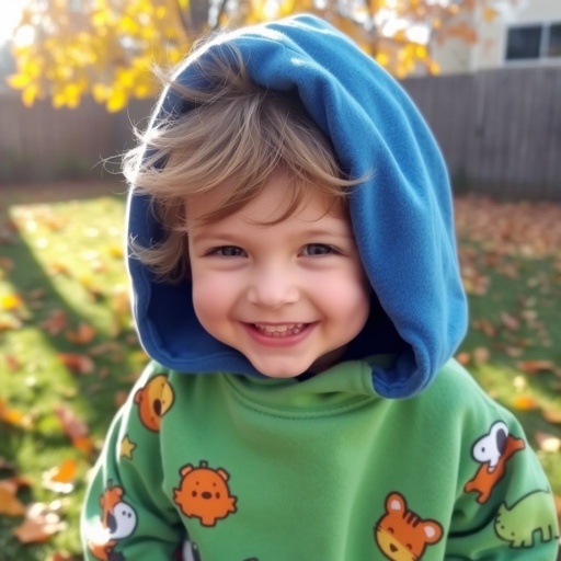 A cozy, oversized sweatshirt draped over a small child, aged six or seven. Soft fabric, vibrant colors of blue and green, playful patterns of cartoon animals. A joyful expression on the child's face, tousled hair peeking out from the hood. A sunlit yard filled with autumn leaves in the background.