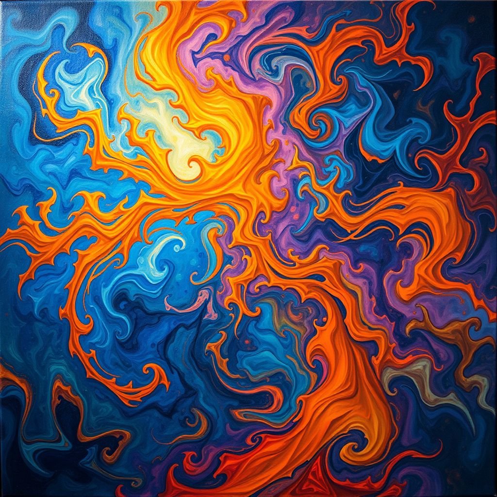 A vibrant canvas filled with swirling colors, a fusion of deep blues and fiery oranges. Ethereal shapes emerge from the chaos, resembling fantastical creatures. Intricate patterns dance across the surface, textures reminiscent of ancient tapestries. Light filters through, casting soft shadows, enhancing the mystical atmosphere of the piece.