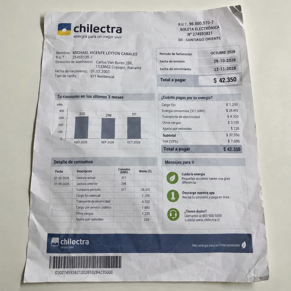 Create a statement, an electricity bill in CHILE. The A4 statement should be realistic, as if it were photographed on a phone. The document should be on a white background. The document must be for the last 3 months of October 2026. The document should contain several transactions and be wrinkled at the edges.
Name MICHAEL VICENTE LEYTON CANALES
Address Carlos Van Buren 256, 1533662 Copiapó, Atacama
R.U.T. 21455135-7
Date of birth 01.12.2003