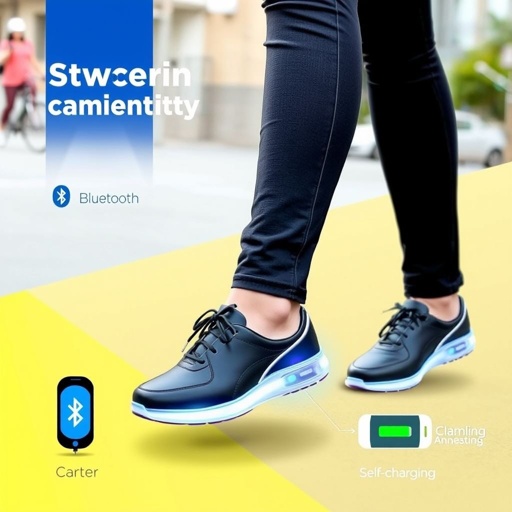 mockup design, Create a vibrant mockup design featuring a stylish woman confidently walking in innovative smart shoes. Showcase the sleek design, highlighting Bluetooth connectivity and a self-charging battery. Include animated elements that visually demonstrate the features, such as glowing indicators for connectivity and a subtle charging animation, set against an urban backdrop.