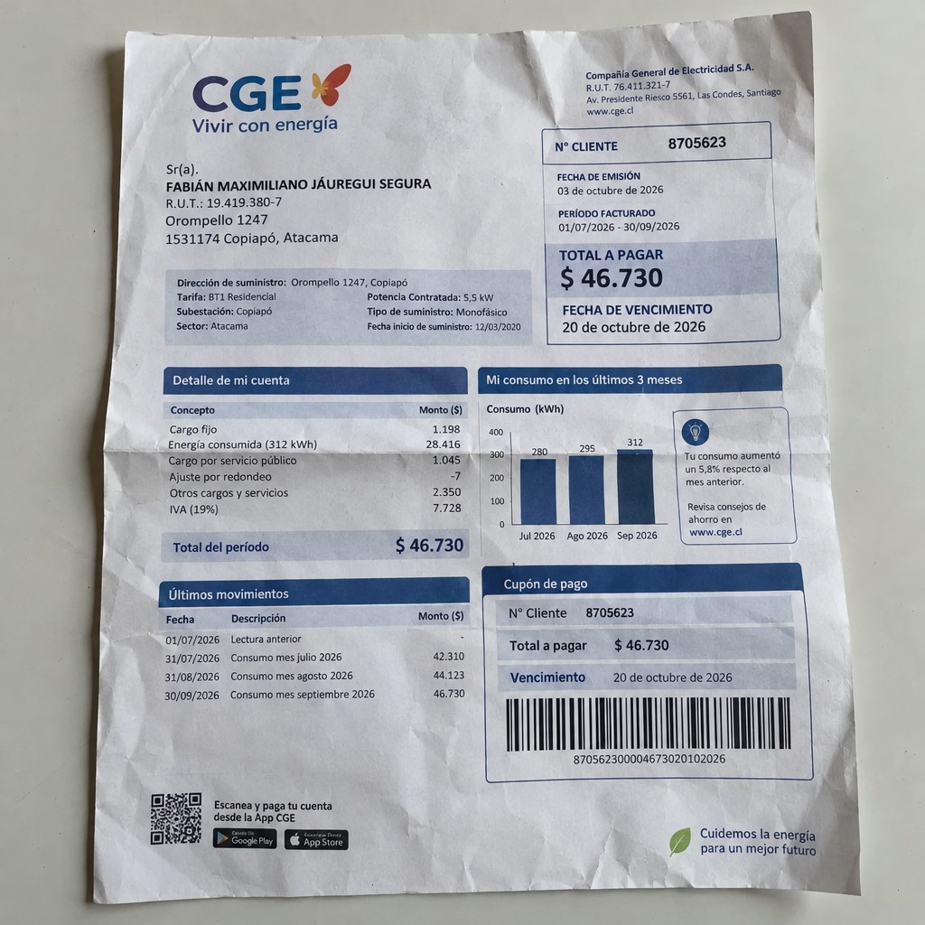 Create a statement, an electricity bill in CHILE. The A4 statement should be realistic, as if it were photographed on a phone. The document should be on a white background. The document must be for the last 3 months of October 2026. The document should contain several transactions and be wrinkled at the edges.
Name FABIÁN MAXIMILIANO JÁUREGUI SEGURA
Address Orompello 1247, 1531174 Copiapó, Atacama
R.U.T. 19419380-7
Date of birth 27.02.1997