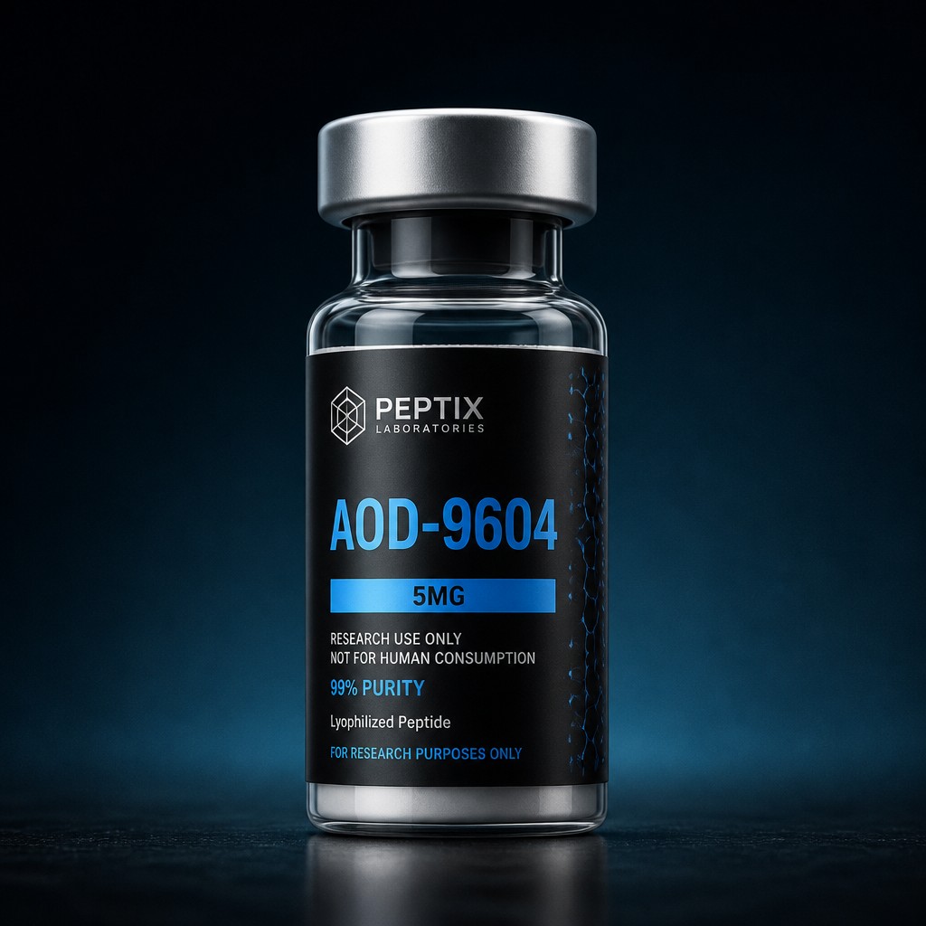 A premium pharmaceutical peptide vial mockup on a dark gradient background (black fading into deep teal/blue), featuring a realistic glass vial with a metallic silver cap. Use reference imagine as the cover of the vial. The lighting is soft and cinematic with subtle reflections and shadows, creating a high-end biotech aesthetic. Ultra-realistic, centered composition, sharp focus, professional product render.