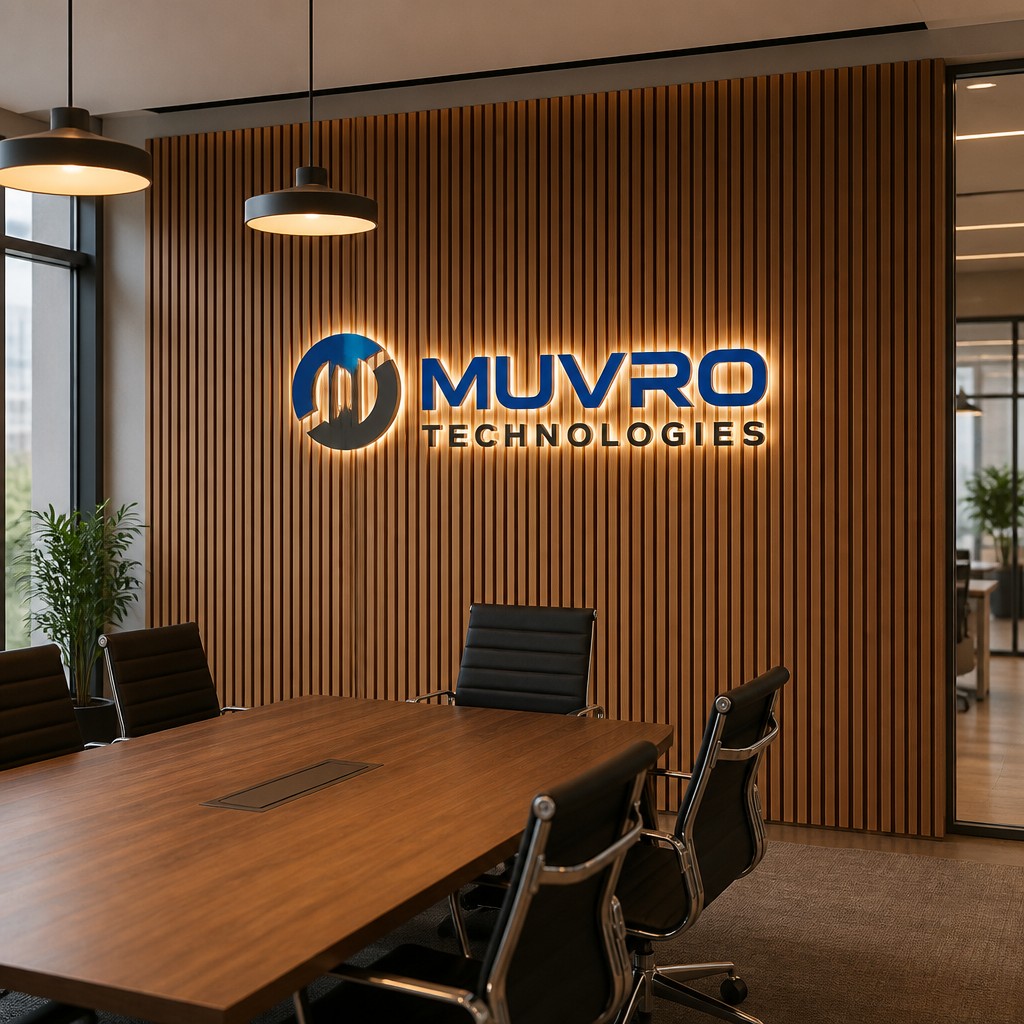 Place the provided company logo onto the wooden vertical slat cladding wall in the image. The signage should be centered horizontally within the wooden slats, positioned above the meeting table area and aligned with the eye level of a standing person.
Convert the logo into a 3D acrylic or metal signage with clean cut edges. Add a soft backlit LED glow (halo lighting) behind the letters and icon, creating a subtle floating effect against the wood surface. The glow should be warm white to match the existing pendant lights in the scene.
Ensure realistic integration by matching the perspective, depth, and scale of the image. The signage should cast soft shadows and light spill onto the wood slats. Maintain the natural lighting conditions of the room, with warm ambient tones.
Follow the spacing gaps between the vertical wooden slats so that the logo appears mounted slightly forward (with spacers/standoffs) rather than flat.
Preserve the original logo colors and proportions. Enhance realism with slight reflections, subtle texture, and accurate lighting interaction.
Style: photorealistic, interior branding mockup, high resolution, professional corporate office environment.