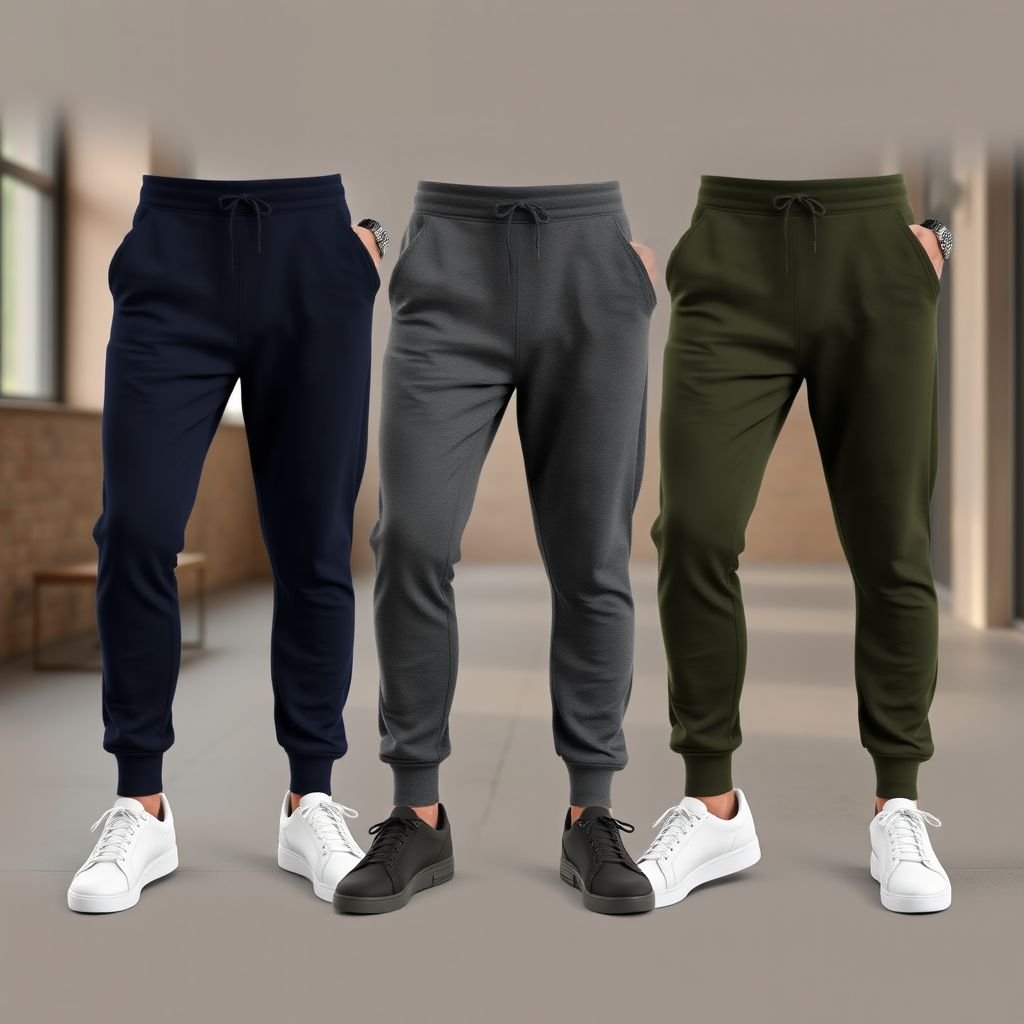 mockup design, Create a stylish mockup design of unisex sweat pants in a cozy, urban setting. Showcase the pants in a variety of colors: navy, charcoal gray, and olive green. Include trendy details like cuffed ankles and an adjustable waistband. Highlight the fabric texture, ensuring it looks soft and breathable for maximum comfort.