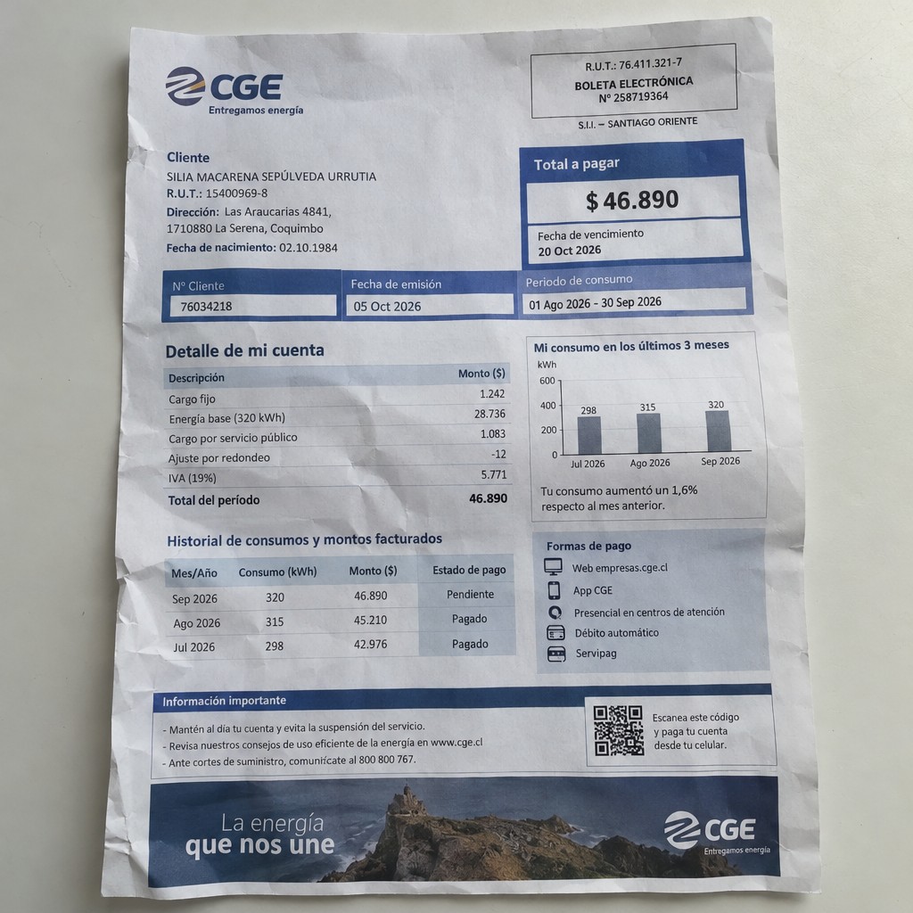 Create a statement, an electricity bill in CHILE. The A4 statement should be realistic, as if it were photographed on a phone. The document should be on a white background. The document must be for the last 3 months of October 2026. The document should contain several transactions and be wrinkled at the edges.
Name SILIA MACARENA SEPÚLVEDA URRUTIA
Address Las Araucarias 4841, 1710880 La Serena, Coquimbo
R.U.T. 15400969-8
Date of birth 02.10.1984