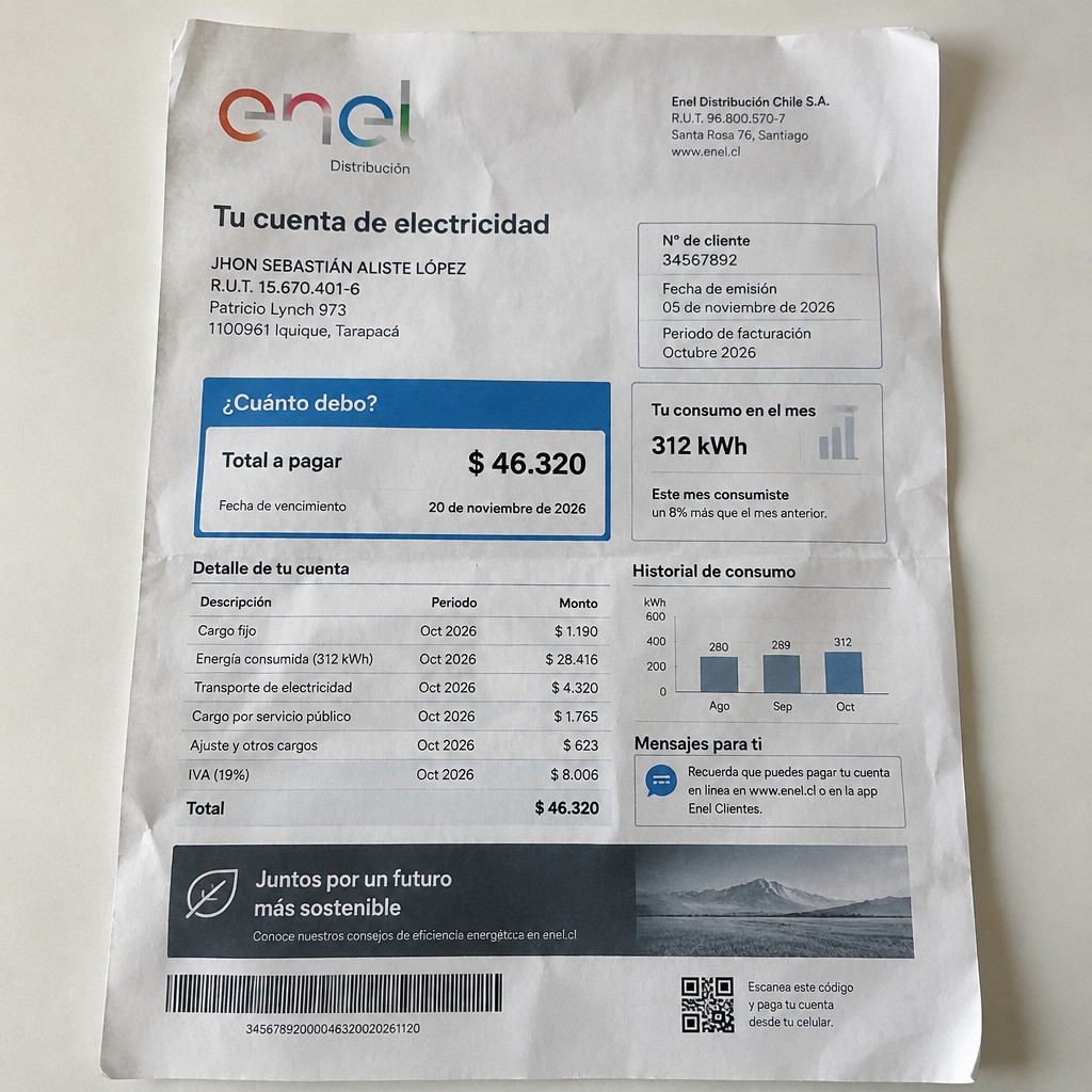Create a statement, an electricity bill in CHILE. The A4 statement should be realistic, as if it were photographed on a phone. The document should be on a white background. The document must be for the last 3 months of October 2026. The document should contain several transactions and be wrinkled at the edges.
Name JHON SEBASTIÁN ALISTE LÓPEZ
Address Patricio Lynch 973, 1100961 Iquique, Tarapacá
R.U.T. 15670401-6
Date of birth 12.07.1984