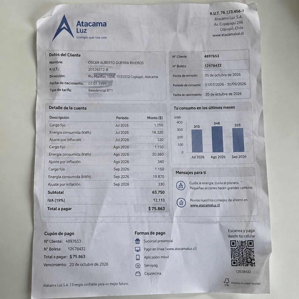Create a statement, an electricity bill in CHILE. The A4 statement should be realistic, as if it were photographed on a phone. The document should be on a white background. The document must be for the last 3 months of October 2026. The document should contain several transactions and be wrinkled at the edges.
Name OSCAR ALBERTO GUERRA RIVEROS
Address Río Manflas 1356, 1531022 Copiapó, Atacama
R.U.T. 20128372-8
Date of birth 07.01.1999