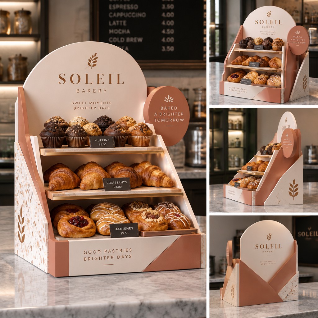 I need a creative and elegant countertop display design for a bakery/pastry brand. I am looking for the visual and structural design only, not printing or manufacturing.
The display should be eye-catching, modern, and youthful, while still looking sophisticated. I would like it to incorporate geometric shapes and elements in a balanced and visually appealing way. The design should be suitable for displaying bakery products and should make the products the main focus.
Please create a complete display concept with the overall structure, arrangement of the geometric elements, colors, branding area, and product placement. I would also like a realistic 3D-style mockup/render so I can visualize how the finished display would look from different angles.
The design should look professional and polished, but also creative enough for a graphic design school project.