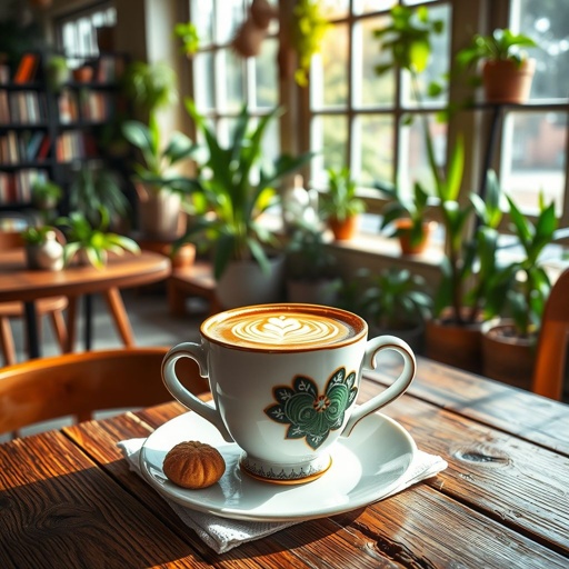 mockup design, Design a cozy café scene featuring a beautifully crafted ceramic cup filled with steaming coffee, placed on a rustic wooden table. Surround the cup with artistic latte art, soft sunlight filtering through large windows, and a vibrant backdrop of plants and bookshelves. Add a small pastry beside the cup for charm.