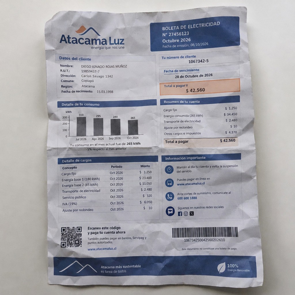 Create a statement, an electricity bill in CHILE. The A4 statement should be realistic, as if it were photographed on a phone. The document should be on a white background. The document must be for the last 3 months of October 2026. The document should contain several transactions and be wrinkled at the edges.
Name DIEGO IGNACIO ROJAS MUÑOZ
Address Carlos Sayago 1342, 1531482 Copiapó, Atacama
R.U.T. 19859437-7
Date of birth 15.03.1998