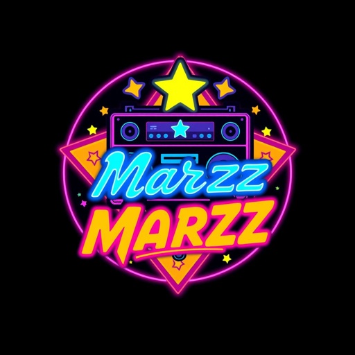 mockup design, Design a vibrant 90's vibe symbol for singer Marzz, incorporating bold geometric shapes, neon colors, and retro typography. Feature playful elements like cassette tapes and boomboxes, layered with star motifs. Integrate Marzz's signature into the design, evoking nostalgia while maintaining a modern twist for a fresh, captivating look.