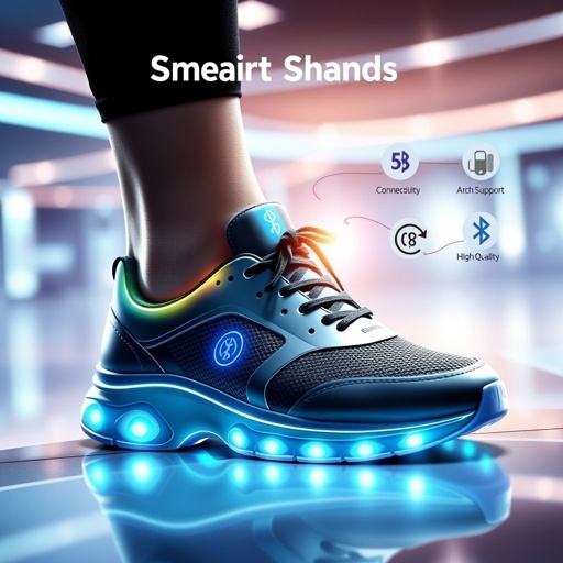 mockup design, Design a vibrant mockup of Smart Shoes showcasing their sleek design with Bluetooth connectivity highlighted. Incorporate animated elements like glowing lights or dynamic icons for 5G Connectivity, Arch Support, and High Quality. Use a futuristic background and include callout texts that elegantly showcase these features, capturing the essence of innovation and comfort.