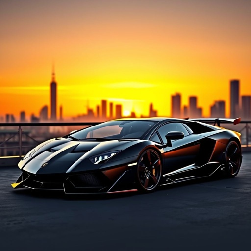 mockup design, Create a stunning mockup of a Lamborghini Aventador, expertly tuned by MANSORY. Showcase its bold aerodynamic enhancements, featuring a striking carbon fiber body kit, aggressive front splitter, and unique wheel designs. Highlight luxury interior details, illuminated accents, and custom upholstery, all set against a dramatic backdrop of a city skyline at sunset.