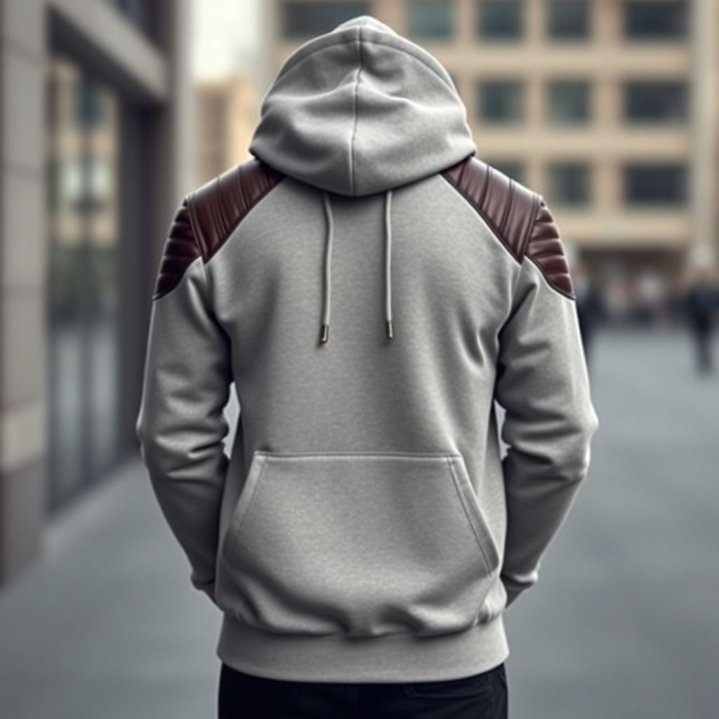 mockup design, Create a stylish mockup design of a hoodie that features luxurious leather accents on the shoulders, offering a modern twist to a classic silhouette. The hoodie should include a spacious kangaroo pocket, perfect for practicality. Use a muted color palette and showcase it in an urban setting for added context.