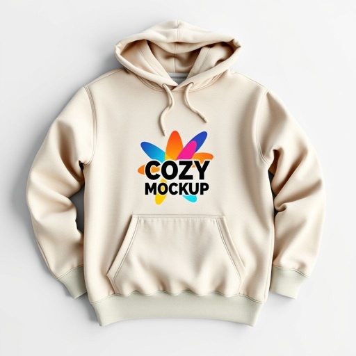 mockup design, Design a cozy hoodie mockup featuring a modern, oversized silhouette. The fabric should appear soft and warm, with a subtle texture. Showcase a unique graphic on the front, incorporating vibrant colors and geometric shapes. The hoodie should be draped casually on a minimalist background, highlighting its trendy appeal and comfort.