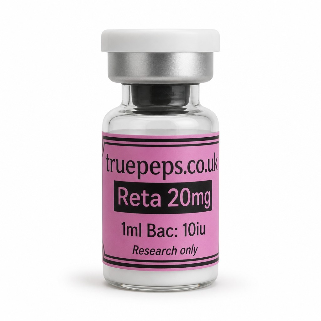 Recreate the exact glass pharmaceutical vial shown in the reference image, with no design changes whatsoever — same white flip-off cap, same silver crimp collar, same clear glass vial, same pink label with black double-line border. Label text must match exactly: "truepeps.co.uk" at the top, a black bar containing "Reta 20mg" in pink text, and "Research only" in small italic text at the bottom. Do not alter colors, wording, logo, or label layout in any way.
Reframe only: center the vial upright in the middle of the frame, straight-on eye-level angle, full label facing camera and fully legible with no text cut off. Place on a seamless pure white studio background. Soft, even diffused studio lighting with no harsh glare on the glass or cap. Subtle soft realistic shadow directly beneath the vial. Sharp focus throughout, especially the label text. Professional e-commerce product photography style, high detail, 4K.