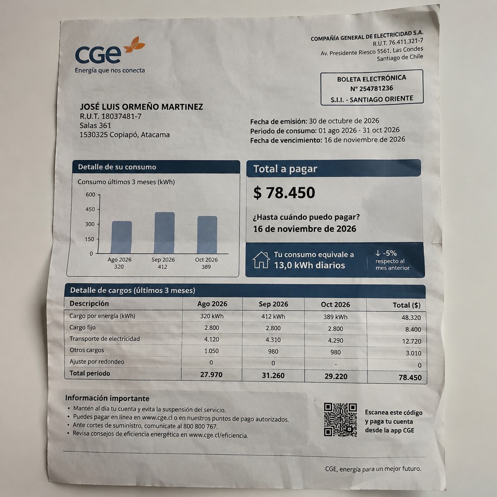 Create a statement, an electricity bill in CHILE. The A4 statement should be realistic, as if it were photographed on a phone. The document should be on a white background. The document must be for the last 3 months of October 2026. The document should contain several transactions and be wrinkled at the edges.
Name JOSÉ LUIS ORMEÑO MARTINEZ
Address Salas 361, 1530325 Copiapó, Atacama
R.U.T. 18037481-7
Date of birth 08.07.1992