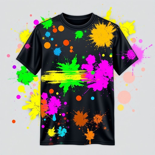 mockup design, Entwerfen Sie ein unwiderstehliches T-Shirt-Mockup, das lebendige neonfarbene Farbspritzer in verschiedenen Formen und Größen zeigt, die dynamisch über die gesamte Stofffläche verteilt sind. Achten Sie darauf, dass die Farben kontrastreich sind, um einen energiegeladenen und modernen Look zu erzeugen. Der Hintergrund sollte neutral sein, um die Farben hervorzuheben.