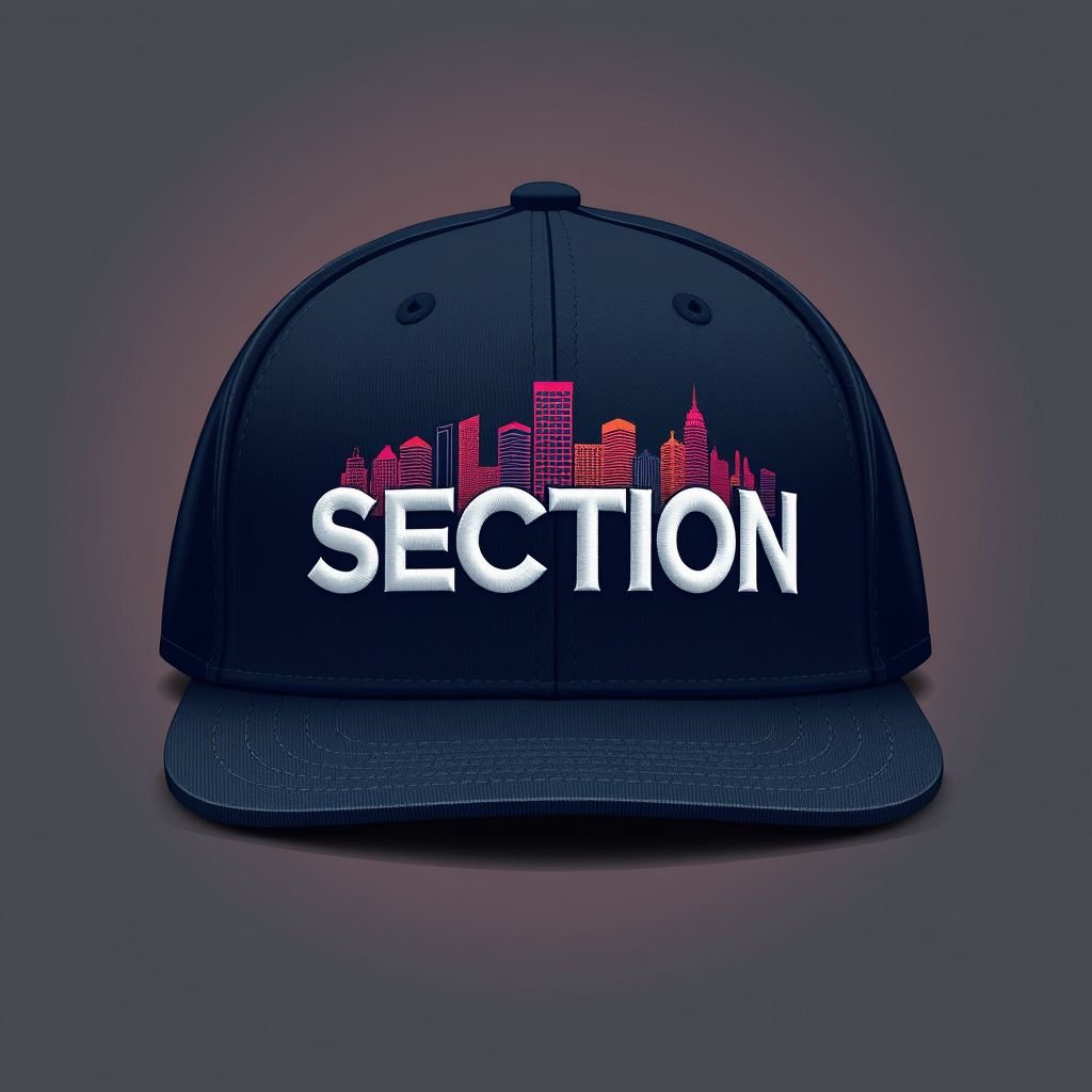 mockup design, Design a stylish cap featuring the SECTION brand name prominently embroidered in bold letters across the front. Incorporate a detailed skyline silhouette of a vibrant cityscape in complementary colors along the brim. The cap should evoke a sense of urban culture and modern fashion, appealing to trendsetters and city lovers alike.
