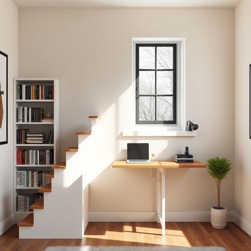 mockup design, Visualize a cozy, multifunctional space featuring a sturdy wall with a fire escape window positioned six feet high. Beneath the window, elegant stairs cleverly double as bookshelves, showcasing a curated collection of books. At the base, a sleek, integrated desk offers a perfect workspace, blending functionality with modern design aesthetics.