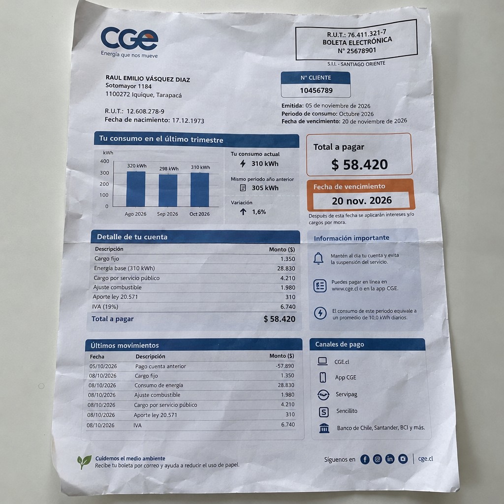Create a statement, an electricity bill in CHILE. The A4 statement should be realistic, as if it were photographed on a phone. The document should be on a white background. The document must be for the last 3 months of October 2026. The document should contain several transactions and be wrinkled at the edges.
Name RAUL EMILIO VÁSQUEZ DIAZ
Address Sotomayor 1184, 1100272 Iquique, Tarapacá
R.U.T. 12608278-9
Date of birth 17.12.1973