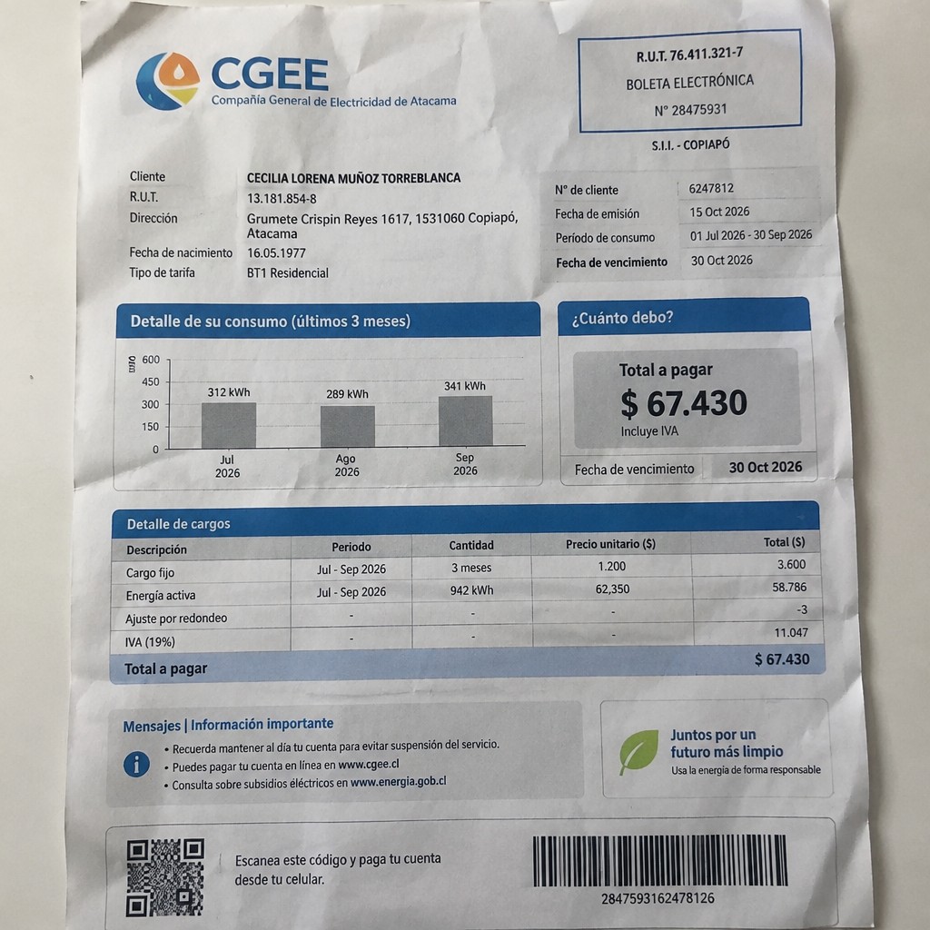 Create a statement, an electricity bill in CHILE. The A4 statement should be realistic, as if it were photographed on a phone. The document should be on a white background. The document must be for the last 3 months of October 2026. The document should contain several transactions and be wrinkled at the edges.
Name CECILIA LORENA MUÑOZ TORREBLANCA
Address Grumete Crispin Reyes 1617, 1531060 Copiapó, Atacama
R.U.T. 13181854-8
Date of birth 16.05.1977