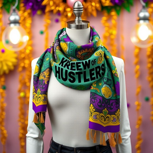 mockup design, Design a vibrant mockup for the "Krewe Of Hustlers" scarf, featuring bold colors and intricate patterns inspired by Mardi Gras. Incorporate elements like confetti, musical notes, and urban motifs to reflect the lively spirit of the krewe. Showcase the design wrapped elegantly around a trendy mannequin against a festive backdrop.