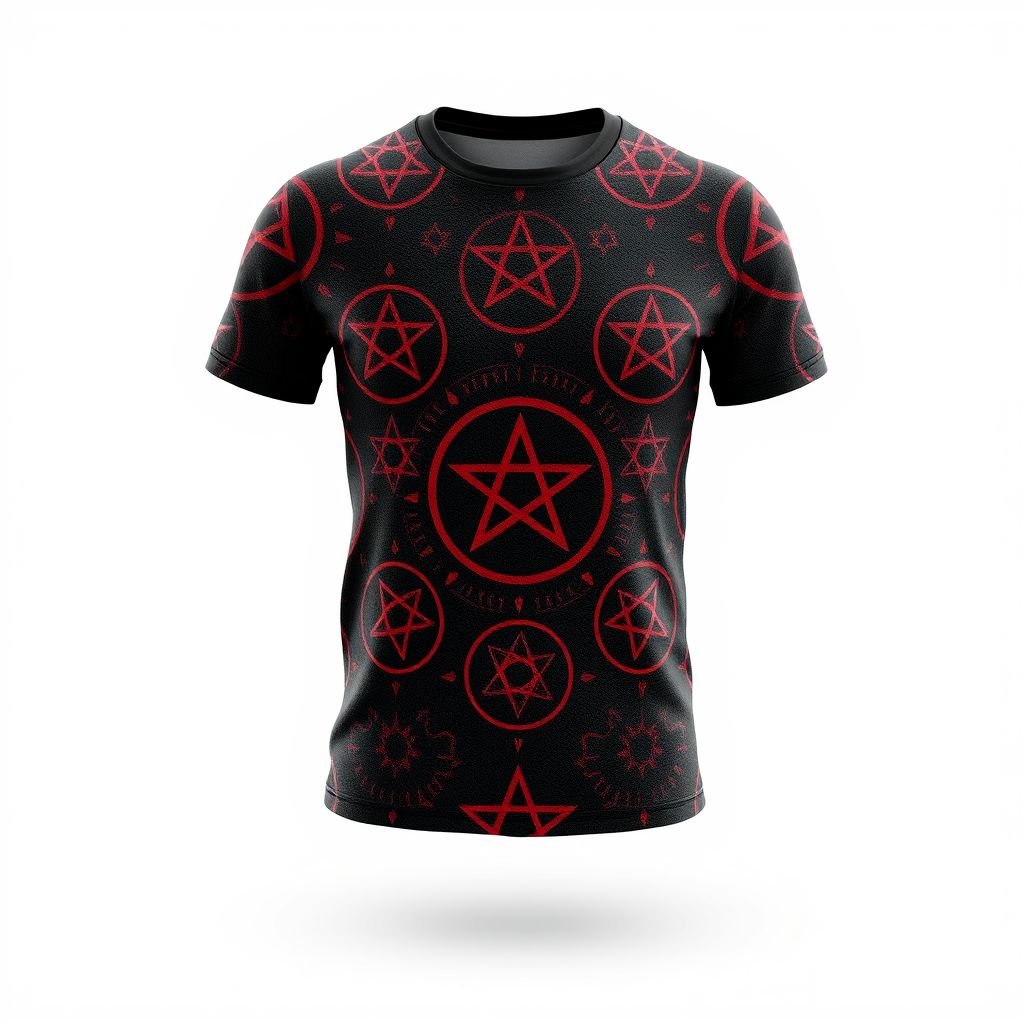 mockup design, Create a detailed mockup of a realistic 3D t-shirt featuring a striking pattern of inverted crosses and pentagrams. The fabric should have a textured look, with vibrant colors that enhance the symbols. Showcase the t-shirt from multiple angles to highlight the intricate design and modern streetwear aesthetic.