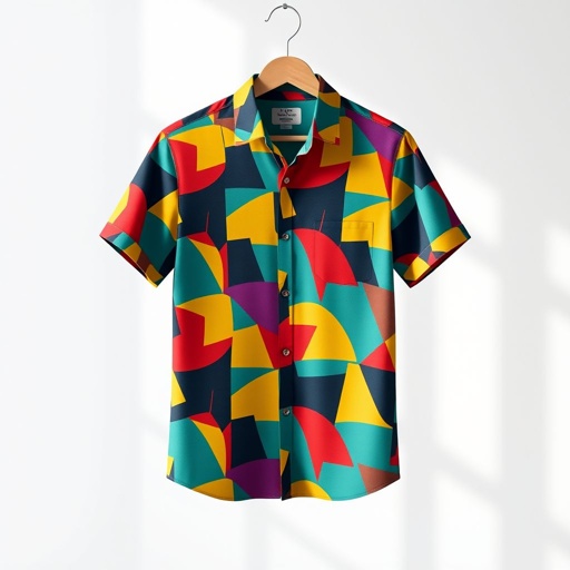 mockup design, Design a vibrant, contemporary shirt showcasing an abstract geometric pattern in bold colors. The shirt features stylish short sleeves and a tailored fit, perfect for both casual and semi-formal occasions. Visualize it displayed on a wooden hanger against a minimalist backdrop, with soft, natural lighting enhancing the fabric's texture.