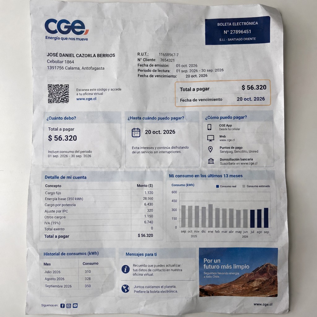 Create a statement, an electricity bill in CHILE. The A4 statement should be realistic, as if it were photographed on a phone. The document should be on a white background. The document must be for the last 3 months of October 2026. The document should contain several transactions and be wrinkled at the edges.
Name JOSÉ DANIEL CAZORLA BERRIOS
Address Cebollar 1864, 1391756 Calama, Antofagasta
R.U.T. 11658567-7
Date of birth 02.02.1970