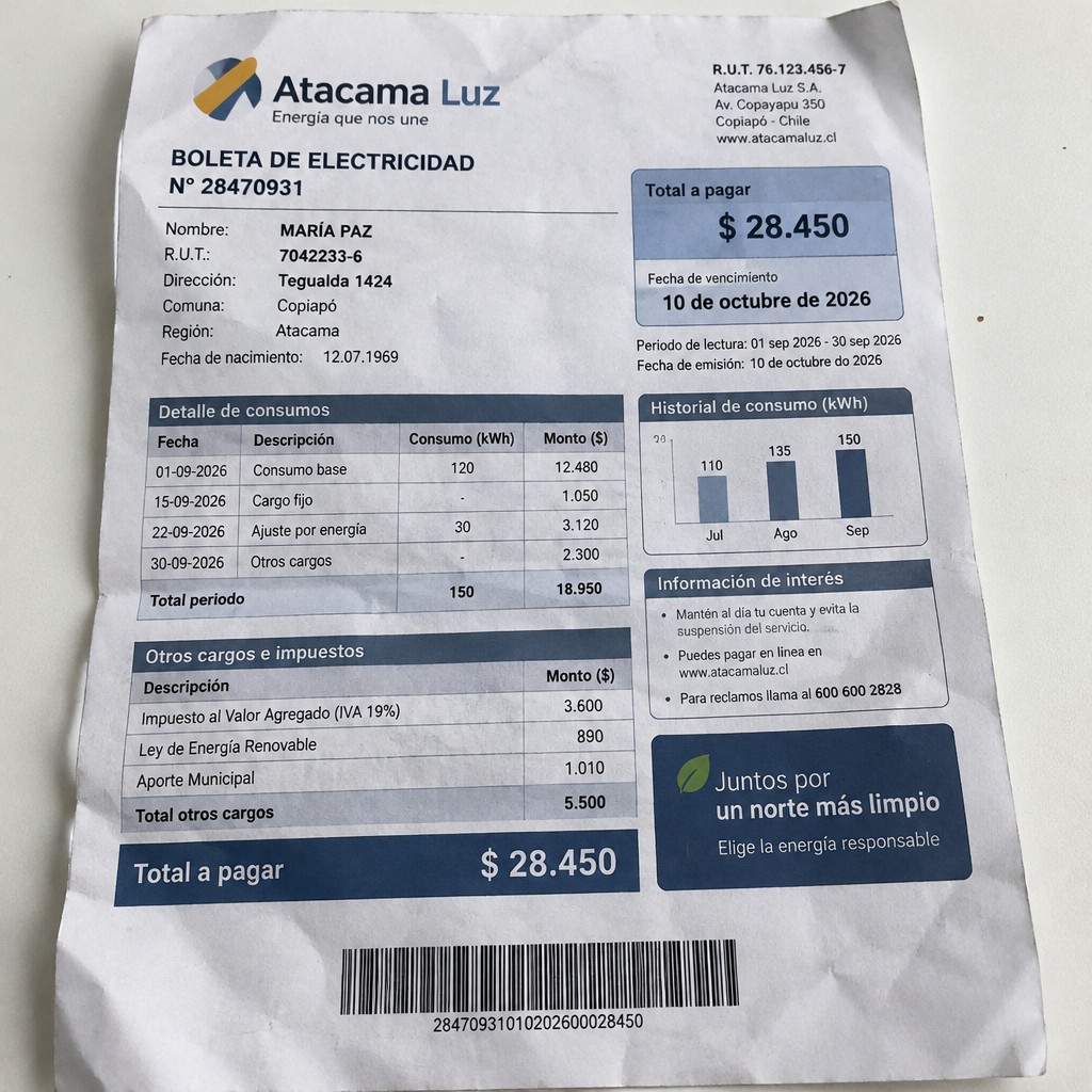 Create a statement, an electricity bill in CHILE. The A4 statement should be realistic, as if it were photographed on a phone. The document should be on a white background. The document must be for the last 3 months of October 2026. The document should contain several transactions and be wrinkled at the edges.
Name MARÍA PAZ
Address Tegualda 1424, 1531245 Copiapó, Atacama
R.U.T. 7042233-6
Date of birth 12.07.1969
Date of discharge 10.10.2026 (OCTOBER 2026)