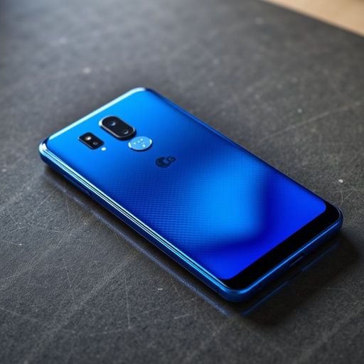 A sleek LG Lumia 950 smartphone resting on a textured surface, vibrant blue hue glimmering under soft light. Carbon fiber back panel showcasing an elegant pattern, 6.0-inch screen reflecting subtle images. A powerful 64 MP camera lens prominently displayed, alongside a sturdy battery symbolizing endurance, all encapsulated within a budget-friendly aura.