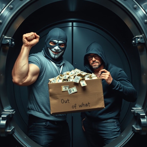 mockup design, Create a vivid scene inside a high-security bank vault. Depict two robbers: one, muscular and wearing a ski mask, triumphantly holding a box overflowing with cash, a mischievous grin on his face. The second, nervously glancing around, exclaims, “Out of what?” Dim lighting highlights the tension in the air.