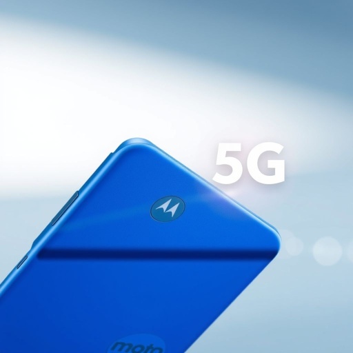 A sleek blue Moto G Power smartphone, featuring a vibrant 5.0-inch display, glistening under soft light. A sturdy plastic casing, smooth to the touch. The rear showcases a powerful 64 MP camera lens, elegantly framed. A bold 5G icon gleams, hinting at high-speed connectivity. Affordable yet robust, a true gadget companion.