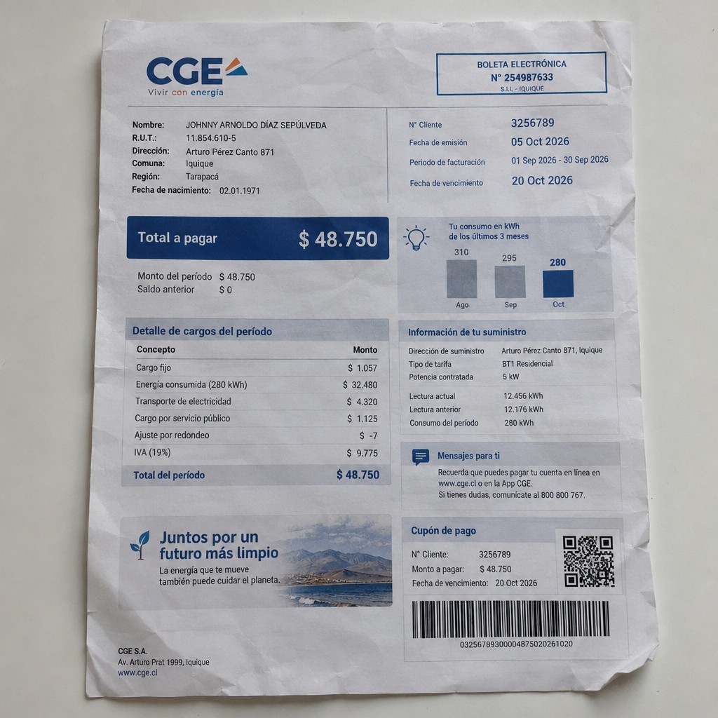 Create a statement, an electricity bill in CHILE. The A4 statement should be realistic, as if it were photographed on a phone. The document should be on a white background. The document must be for the last 3 months of October 2026. The document should contain several transactions and be wrinkled at the edges.
Name JOHNNY ARNOLDO DÍAZ SEPÚLVEDA
Address Arturo Pérez Canto 871, 1100953 Iquique, Tarapacá
R.U.T. 11854610-5
Date of birth 02.01.1971