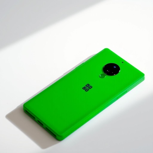 A vibrant green Lumia 950 smartphone, exuding modern minimalism, rests against a soft white surface. The sleek plastic body glimmers under soft light, showcasing a 5.0 inches screen. An impressive 50 MP camera protrudes slightly, hinting at photographic prowess. Stylish dual SIM slots suggest versatility, an elegant blend of form and function.