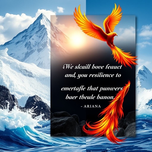 mockup design, Create a striking mockup design featuring the empowering quote by Ariana, elegantly integrated into the foreground. In the background, depict a dramatic riptide crashing against rocks, an avalanche cascading down a mountain, and a vibrant phoenix soaring. Use bold, dynamic colors to symbolize resilience and transformation, reflecting the themes of your book.