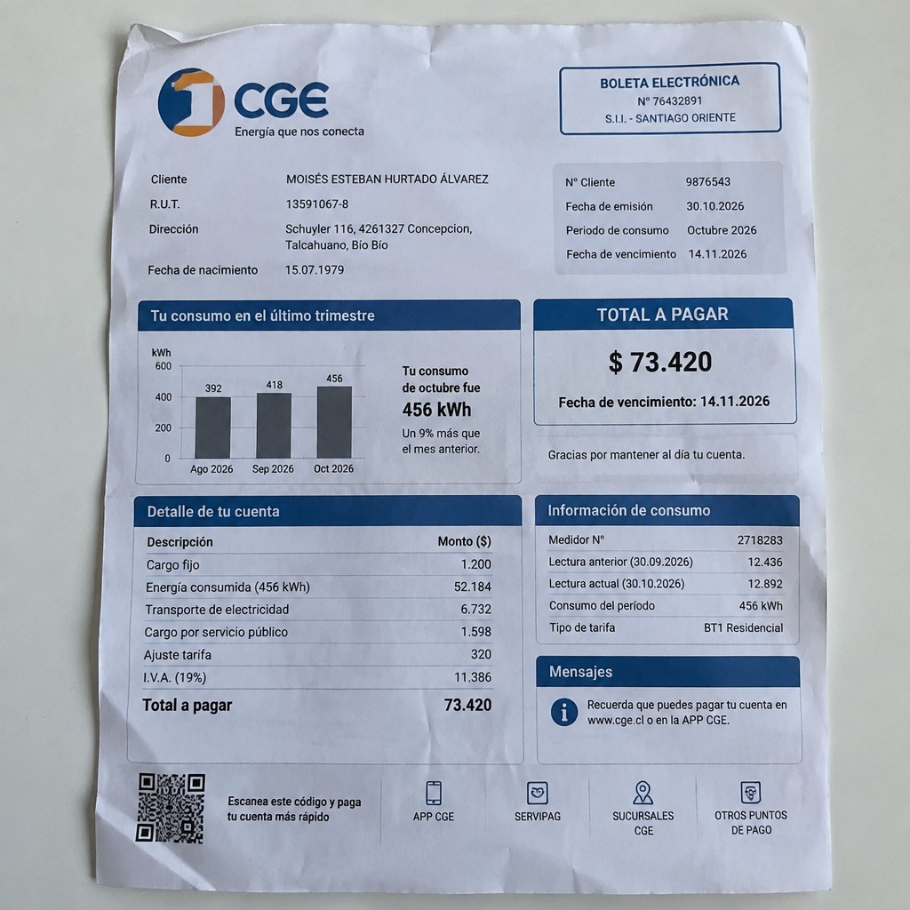 Create a statement, an electricity bill in CHILE. The A4 statement should be realistic, as if it were photographed on a phone. The document should be on a white background. The document must be for the last 3 months of October 2026. The document should contain several transactions and be wrinkled at the edges.
Name MOISÉS ESTEBAN HURTADO ÁLVAREZ
Address Schuyler 116, 4261327 Concepcion, Talcahuano, Bío Bío
R.U.T. 13591067-8
Date of birth 15.07.1979
Date of discharge 30.10.2026 (OCTOBER 2026)