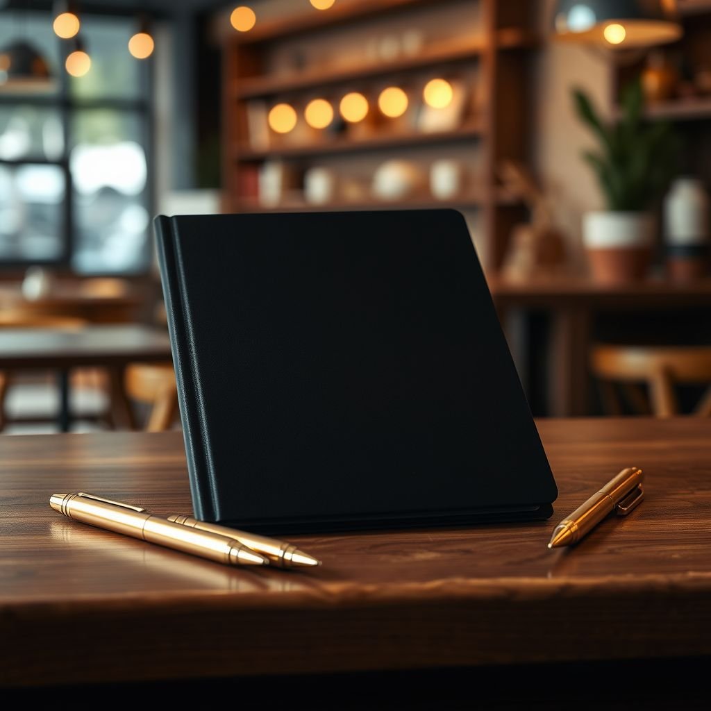 mockup design, Create a mockup design featuring a sleek black notebook closed and positioned face-up on a wooden counter. Surround it with elegant gold pens arranged artistically, reflecting soft ambient light. Enhance the scene with subtle textures, such as a blurred backdrop of a cozy coffee shop, to evoke creativity and inspiration.