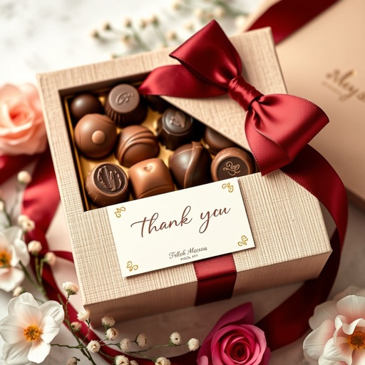 mockup design, Create a luxurious gift box of assorted chocolates, elegantly packaged with a satin ribbon in rich burgundy. The box features a textured surface, adorned with gold foil accents and a heartfelt thank-you card peeking out. Surround it with delicate floral arrangements to evoke a sense of indulgence and celebration.