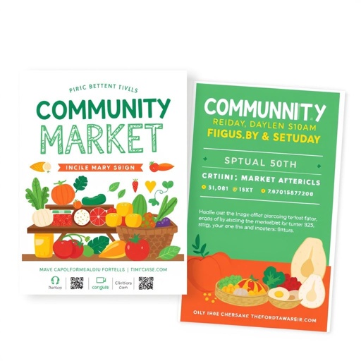 mockup design, Design a vibrant, eye-catching flyer for an upcoming community market event. Incorporate bold colors, playful typography, and illustrations of fresh produce and artisanal goods. Include essential details like date, time, and location in a clear layout. Consider space for QR codes, social media handles, and a call-to-action for attendees.