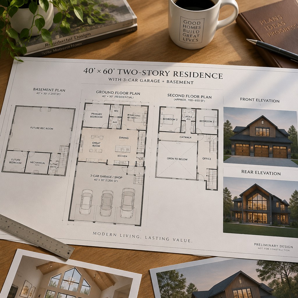 Absolutely. The original specification has good bones, but it was not actually dimensionally coherent. I’m going to preserve the intent—40’ × 60’ shell, full basement under the living portion, large garage, primary suite, vaulted great room, scullery, stacked stairs, two upstairs bedrooms + office/catwalk—and rebuild it around a single coordinate system.
One important correction: this is a preliminary architectural programming/dimensioning document, not a stamped or code-certified plan. The architect/engineer still has to verify structure, egress, fire separation, stairs, HVAC, foundation, zoning, and the applicable Ohio code.
PRELIMINARY FLOOR-PLAN SPECIFICATION
40’-0” × 60’-0” Two-Story Residence + Garage + 9’ Basement
1. Governing Geometry
Overall building
Exterior shell:
40’-0” wide × 60’-0” deep
Coordinate system:
* X = 0’-0” → west exterior wall
* X = 40’-0” → east exterior wall
* Y = 0’-0” → front exterior wall
* Y = 60’-0” → rear exterior wall
The building is divided along the Y axis:
Zone Y dimension Area
Garage / shop 30’-0” 1,200 SF
Residential ground floor 30’-0” 1,200 SF
Total shell 60’-0” 2,400 SF
Fundamental arrangement
40'-0"
0' -------------------- 40'
FRONT / DRIVEWAY
Y=0' +-------------------------+
| |
| GARAGE / SHOP |
| | 30'
Y=30' +-------------------------+
| |
| RESIDENTIAL FLOOR |
| | 30'
Y=60' +-------------------------+
REAR / YARD
This resolves the biggest ambiguity in the original plan: the garage occupies the entire front 40’ × 30’ portion and the house occupies the rear 40’ × 30’ portion.
That gives you a very simple structural concept.
⸻
2. Ground Floor — Residential Portion
Residential footprint: 40’-0” × 30’-0” = 1,200 gross SF
Rather than trying to force every room into the previous overlapping dimensions, I’m establishing three primary vertical zones:
X-axis
0' 16' 32' 40'
|---------------|--------------------|---------|
Primary Great Room / Service /
Suite Dining Stair
Kitchen Core
The exact interior partitions will be adjusted for wall thickness.
Y-axis
Y=30' REAR
+----------------------------------------+
| PRIMARY | ENSUITE / WIC |
| | |
|--------------+-------------------------|
| GREAT ROOM / DINING | KITCHEN | STAIRS |
| | | |
|---------------------+---------+---------|
Y=0' FRONT
However, because the garage occupies the front 30’, the residential floor actually begins at Y=30’. Therefore, for clarity, all residential dimensions below are measured from the residential front wall.
⸻
3. Residential Ground-Floor Coordinate Grid
For the residential portion:
Residential Y=0’ = actual building Y=30’.
Residential Y=30’ = actual building Y=60’.
This allows the architect to work with a clean 40’ × 30’ rectangle.
⸻
4. Primary Suite
Primary bedroom
Clear target: approximately 15’-0” × 14’-0”
Location:
* Southwest corner of residential floor
* Exterior walls on west and rear sides
* Two large rear windows
* Additional west-side window if desired/appropriate
Approximate coordinate envelope:
X = 0’–15’-6”
Y = 16’–30’
Target area:
~217.5 SF
That’s plenty of room for:
* King bed
* Two nightstands
* Dresser
* Seating
* Exterior windows
* 3’-0” bedroom entry
Bedroom door
Target:
3’-0” × 6’-8”
Positioned on the east/northeast side of the bedroom to create a direct relationship to the bathroom.
⸻
5. Primary Bathroom + WIC
Instead of pretending the entire 15’-6” × 14’ rectangle can simultaneously contain a bathroom AND an 8’6” closet without conflicts, divide the space intentionally.
Primary bathroom
Target:
~8’-0” × 10’-0”
Features:
* 7’-0” double vanity
* 4’-0” × 5’-0” shower
* 66” × 32” freestanding/soaker tub
* Separate WC
* Pocket door at WC
* Linen storage
Water closet
Target:
3’-0” × 5’-0” minimum
Use a pocket door.
Walk-in closet
Target:
~7’-6” × 8’-6”
Features:
* Two-sided hanging
* Center circulation
* Shoe/storage wall
* Optional direct connection toward laundry
Critical design change
The WIC should be positioned so that it buffers the bedroom from the bathroom/service spaces, as originally intended.
⸻
6. Great Room
This is where I’d protect the design rather than sacrifice it to make the numbers work.
Target clear dimensions
~22’-0” × 15’-0”
Approximately:
330 SF
The room should be the dominant architectural space.
Features
* Vaulted ceiling
* Open-to-second-floor catwalk
* Large rear glazing
* 12’ × 8’ sliding/stacking door
* Fireplace on interior wall
* Dining zone adjacent to kitchen
* Sightline from kitchen → fireplace → rear yard
Important
The 12’ opening should not automatically mean a 12’ structural opening. The structural engineer needs to design the header/beam and determine whether posts are required.
⸻
7. Kitchen
Target envelope
Approximately:
12’-0” × 12’-0” to 13’-0”
This is more realistic than trying to cram a 12’ × 14’-6” kitchen into the remaining space while simultaneously preserving the other rooms.
Island
4’-0” × 8’-0”
Potentially:
4’-0” × 8’-6”
depending on final cabinetry.
Island seating
12” overhang toward great room.
Target:
4 seats
Circulation
Target:
42” working aisles
Potentially:
48” behind seating where the circulation path crosses the island.
Appliance arrangement
Recommended conceptual sequence:
Refrigerator → prep zone → sink → dishwasher → range → landing/prep
The scullery should support the kitchen rather than become a second kitchen.
⸻
8. Scullery / Pantry
Target
6’-0” × 8’-0”
Approximately:
48 SF
Features:
* Prep sink
* Beverage refrigerator
* Countertop
* Floor-to-ceiling shelving
* Small appliance storage
* Bulk food storage
* Optional secondary refrigerator/freezer
Door
Use either:
* 2’-8” pocket door, or
* concealed cabinet-style door
But the concealed door should not compromise required wall/door clearances.
⸻
9. Stair Core
This is one area where the original specification needs a major correction.
Target stair width
3’-6” clear minimum target
I would actually design around:
3’-8”–4’-0” overall stair width
if the architecture permits.
Stair configuration
Use a U-shaped or switchback stair, rather than trying to force a straight 14’-6” stair.
Conceptually:
UP
+------+
| |
| |
+------+
||
LANDING
||
+------+
| |
| |
+------+
DOWN
This makes the 9’ floor-to-floor height much easier to accommodate.
Preliminary stair target
Assume approximately:
14’-0”–16’-0” total stair core length
with final riser count determined from actual floor-to-floor elevation.
Do not lock the 7-3/4” riser / 10” tread numbers until the architect establishes the actual floor-to-floor height.
⸻
10. Entry / Drop Zone
Because the garage is on the opposite side of the building from the residential floor in this revised configuration, the original “garage entry directly into the house hallway” needs reconsideration.
There are two viable approaches.
Option A — Internal garage connection
Create a protected connection from garage → stair/service core → residential floor.
Option B — Side/rear garage connection
Better if the site permits:
Garage → exterior covered passage/side entry → residential mudroom.
I prefer Option B if the site allows it, because it keeps the house’s primary architectural entrance and great-room experience clean.
⸻
11. Ground-Floor Bathroom
Powder room
Target:
4’-0” × 6’-0”
Approximately:
24 SF
Contents:
* Toilet
* 24–30” vanity
* Mirror
* Exhaust
* Pocket or outswing door depending on final clearances
⸻
12. Second Floor
The second floor does not need to cover the entire 40’ × 30’ footprint.
Target:
~700–850 SF enclosed/conditioned area
with the remainder occupied by:
* Open-to-below great room
* Catwalk
* Stair
* mechanical/attic areas
⸻
13. Bedroom 2
Target:
13’-0” × 11’-0”
Approximately:
143 SF
Features:
* Reach-in closet
* Rear exterior window
* Code-compliant emergency escape/rescue opening
* Standard bedroom door
⸻
14. Bedroom 3
Target:
13’-0” × 11’-0”
Approximately:
143 SF
Mirror Bedroom 2.
This creates a very efficient symmetrical rear bedroom arrangement.
⸻
15. Jack-and-Jill Bathroom
Target:
8’-0” × 7’-0” approximately
Could be expanded slightly if necessary.
Arrangement
Bedroom 2 → vanity/vestibule → bathroom → vanity/vestibule → Bedroom 3
Or:
BED 2
|
VANITY
|
TUB/WC
|
VANITY
|
BED 3
Fixtures
* 60” tub/shower
* Two sinks
* Toilet
* Linen storage
The exact plumbing arrangement should be coordinated vertically with the first-floor/basement plumbing.
⸻
16. Upstairs Office
Target:
11’-0” × 12’-0”
Approximately:
132 SF
Features:
* Exterior window
* 2’-8” door
* Built-in desk option
* Built-in storage
* Future closet location
Future Bedroom 4
Reserve wall space for:
~2’ deep × 6’ wide closet
That makes the room much more easily convertible to a legal bedroom if desired, subject to the final code/egress configuration.
⸻
17. Catwalk
Target clear width
4’-0”
This is a good dimension.
It connects:
Bedroom wing ↔ office/stair
while overlooking the great room.
Guard
Final guard height and opening limitations must be confirmed under the applicable code.
Architectural intent:
* substantial wood/metal railing
* open sightline
* aligned with great-room windows
* no unnecessary visual bulk
⸻
18. Open-to-Below
Target:
~22’ × 12’
This is one of the major architectural features.
It creates:
* two-story great-room volume
* upper catwalk
* large vertical fireplace wall
* dramatic rear glazing
* connection between floors
But the structural framing around the opening needs to be designed from the beginning.
⸻
19. Garage
Now we get to the major improvement over the original document.
Garage footprint
40’-0” × 30’-0”
= 1,200 SF
That’s enormous compared with a typical residential garage.
It could accommodate:
* 3-car garage
* workshop
* storage
* mechanical/service area
* trailer/toy storage
Recommended conceptual division
40'
+----------------------------------------+
| |
| 3-CAR / LARGE VEHICLE BAY |
| |
| |
|----------------------+-----------------|
| WORKSHOP / STORAGE | UTILITY/STORAGE |
| | |
+----------------------+-----------------+
30'
For your long-term goals, I’d reserve at least 10’–12’ of the garage depth for workshop/storage, rather than simply making it an oversized three-car garage.
⸻
20. Garage Door Configuration
Possible arrangement:
Three-car
* 18’ × 8’ double door
* 9’ × 8’ single door
OR:
Four-car / toy-oriented
* 18’ × 8’
* 18’ × 8’
depending on site access and structural preference.
Because you’re talking about a custom home rather than squeezing into a suburban lot, I’d design the structure around future vehicle/toy flexibility, not merely today’s cars.
⸻
21. Basement
Footprint
40’ × 30’
Target clear height
9’-0”
This is a strong choice for future finishing.
Foundation
Conceptually:
* poured concrete foundation
* exterior waterproofing
* perimeter drainage
* sump system
* radon provisions
* structural reinforcement per engineer
Don’t specify 8” vs. 10” concrete walls until the structural engineer and soil/site conditions are known.
⸻
22. Basement Structural Concept
Instead of specifying a beam size now, establish the structural intent:
Primary beam
Run approximately along the building’s centerline:
X ≈ 20’-0”
This divides the 40’ width into approximately:
20’ + 20’
The engineer can then determine whether the floor system can span those distances or whether another configuration is preferable.
Columns
Conceptually:
* approximately 2–3 interior support points
* aligned with architectural walls where possible
* avoid placing columns in future recreation spaces
This is much better than arbitrarily calling for a W8×24 before the loads are known.
⸻
23. Basement Mechanical Zone
Reserve approximately:
10’ × 12’
for:
* water heater
* HVAC
* electrical
* plumbing
* sump
* water softener
* pressure tank if applicable
* radon equipment
* network/security equipment
* future utility equipment
Important
Leave enough clearance around equipment for actual service access.
Don’t design the mechanical room around the equipment’s footprint alone.
⸻
24. Basement Future Layout
Because you’re planning a growing family, I’d deliberately avoid putting permanent structural walls throughout the basement.
Conceptual future zones:
+----------------------------------------+
| |
| FUTURE REC / FAMILY ROOM |
| |
| |
|-------------------+--------------------|
| FUTURE BEDROOM | FUTURE BATH / |
| / GUEST SPACE | STORAGE |
| | |
+-------------------+--------------------+
The exact partitions can wait.
⸻
25. Vertical Plumbing Alignment
This is one of the smartest parts of your original concept, and I’d retain it.
Create a primary plumbing spine approximately through the service side of the house.
Align:
Second-floor bathroom
↓
First-floor primary bathroom/powder
↓
Basement mechanical/plumbing zone
That minimizes:
* pipe runs
* horizontal offsets
* penetrations
* labor
* future maintenance
⸻
26. Structural Grid
For preliminary drafting, establish:
Primary exterior grid
A = west wall
B = east wall
1 = front wall
2 = residential/garage dividing line
3 = rear wall
Therefore:
A B
|-------------|
1 | GARAGE |
| |
2 |-------------|
| RESIDENTIAL |
3 |-------------|
Then establish interior structural lines as needed.
The key is that every wall gets a coordinate relative to this grid rather than every room being independently dimensioned.
That prevents the exact problem in the original document.
⸻
27. Final Preliminary Area Schedule
Space Approx. Target
Residential ground floor 1,200 SF gross
Garage/shop 1,200 SF
Basement 1,200 SF
Primary bedroom ~218 SF
Primary bath ~80 SF
Primary WIC ~64 SF
Great room/dining ~330 SF
Kitchen ~150 SF
Scullery ~48 SF
Powder ~24 SF
Bedroom 2 ~143 SF
Bedroom 3 ~143 SF
Jack & Jill ~56 SF
Office ~132 SF
Catwalk ~40–60 SF
Open-to-below ~250+ SF
The remainder is consumed by:
* walls
* circulation
* stair
* closets
* mechanical/service spaces
* structural requirements.
⸻
28. What I Would Change From Your Original Specification
Keep
✓ 40’ × 60’ overall concept
✓ 40’ × 30’ residential footprint
✓ 40’ × 30’ garage
✓ 9’ basement
✓ vaulted great room
✓ open catwalk
✓ primary suite
✓ large WIC
✓ scullery
✓ two upstairs bedrooms
✓ Jack-and-Jill
✓ upstairs office
✓ future bedroom conversion
✓ stacked plumbing
✓ basement mechanical zone
Change
✗ Don’t call the original dimensions code-verified.
✗ Don’t specify a beam size yet.
✗ Don’t lock the stair rise/run yet.
✗ Don’t claim egress compliance yet.
✗ Don’t force the original 23’ + 6’-6” + 3’-6” horizontal dimensions—they don’t fit cleanly.
✗ Don’t treat independently specified room rectangles as proof that the plan fits.
✗ Don’t let the garage consume the architectural logic of the residence.
⸻
29. The Next Level: Actual Coordinate Plan
If I were handing this to a Revit drafter, I would take it one step further.
The next document should look like this:
40'-0"
A-------------------------B
| |
| GARAGE |
| |
| |
|-------------------------| ← GRID 2
| |
| PRIMARY | GREAT | |
| SUITE | ROOM | KITCH |
| | | |
|---------|-------|-------|
| | |STAIR |
| | | |
|---------|-------|-------|
| |
| REAR / YARD |
+-------------------------+
60'
Then every single wall, door, window, stair, plumbing wall and structural support gets an X/Y coordinate.
That is what turns this from a collection of good ideas into something a designer can actually reconstruct without guessing.
And I’d go one step beyond that for your project: the next version should be a fully dimensioned “SD-101 / SD-102 / SD-103” style schematic package—ground floor, second floor, basement, exterior elevations, building section, door/window schedule, and a room-by-room area schedule. That would be the right bridge between your ideas and an actual architect/Revit model.