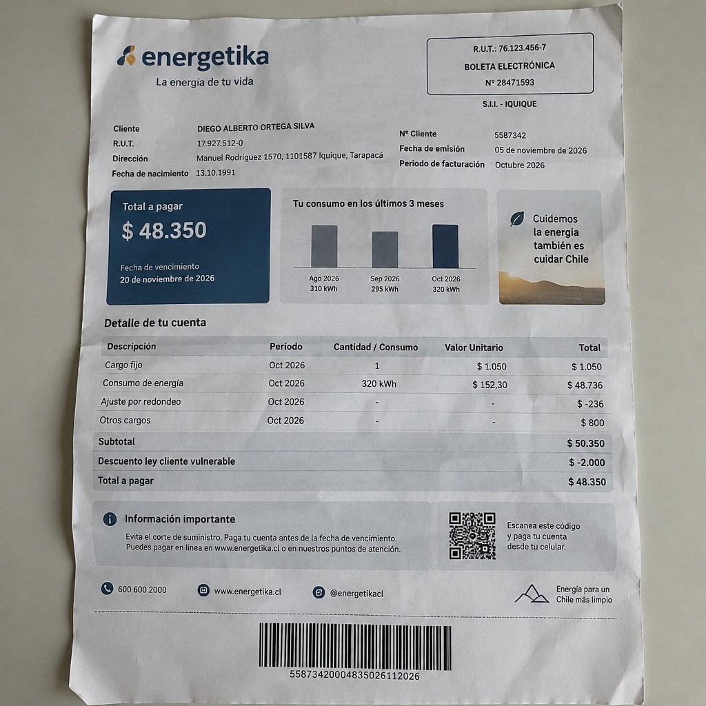 Create a statement, an electricity bill in CHILE. The A4 statement should be realistic, as if it were photographed on a phone. The document should be on a white background. The document must be for the last 3 months of October 2026. The document should contain several transactions and be wrinkled at the edges.
Name DIEGO ALBERTO ORTEGA SILVA
Address Manuel Rodríguez 1570, 1101587 Iquique, Tarapacá
R.U.T. 17927512-0
Date of birth 13.10.1991
