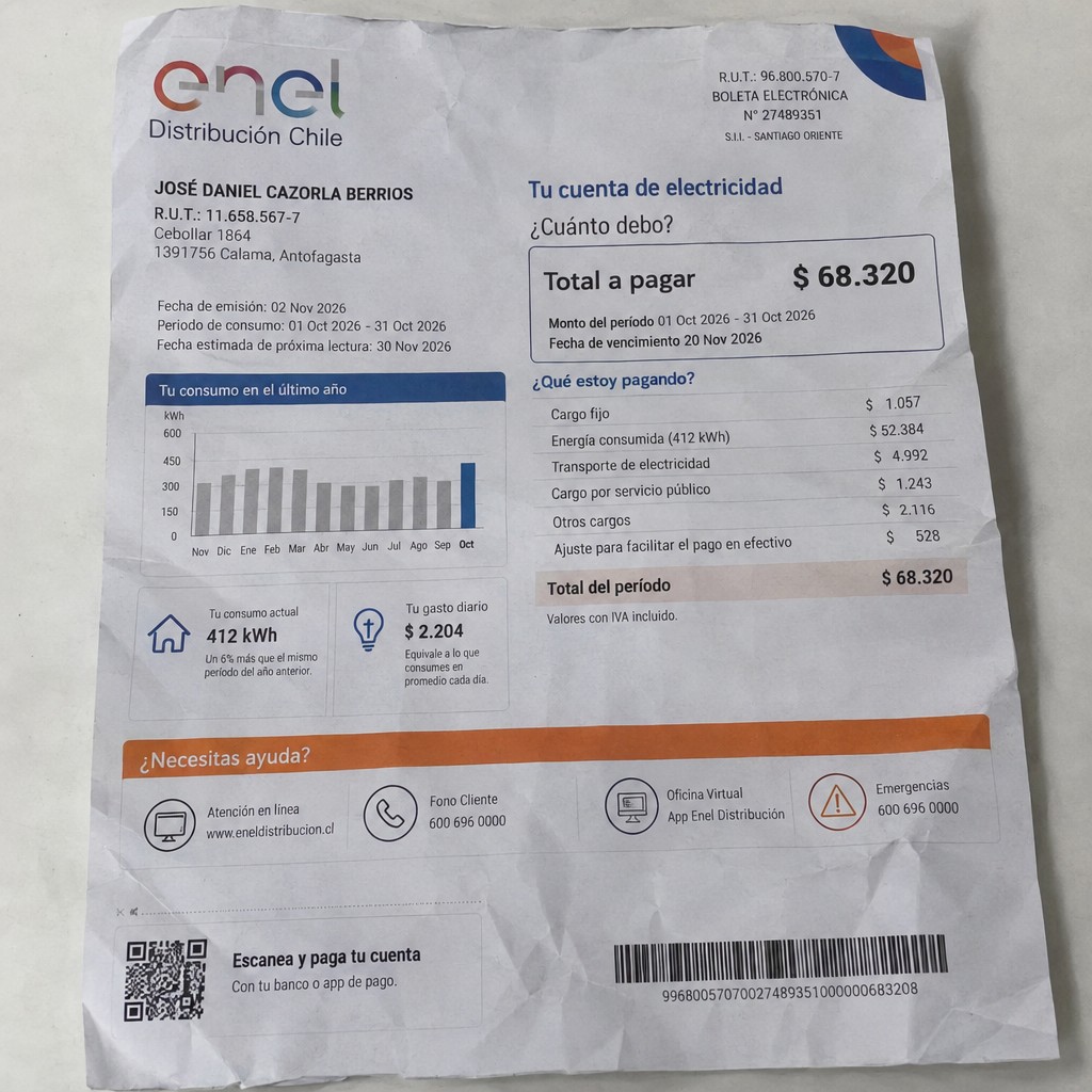 Create a statement, an electricity bill in CHILE. The A4 statement should be realistic, as if it were photographed on a phone. The document should be on a white background. The document must be for the last 3 months of October 2026. The document should contain several transactions and be wrinkled at the edges.
Name JOSÉ DANIEL CAZORLA BERRIOS
Address Cebollar 1864, 1391756 Calama, Antofagasta
R.U.T. 11658567-7
Date of birth 02.02.1970